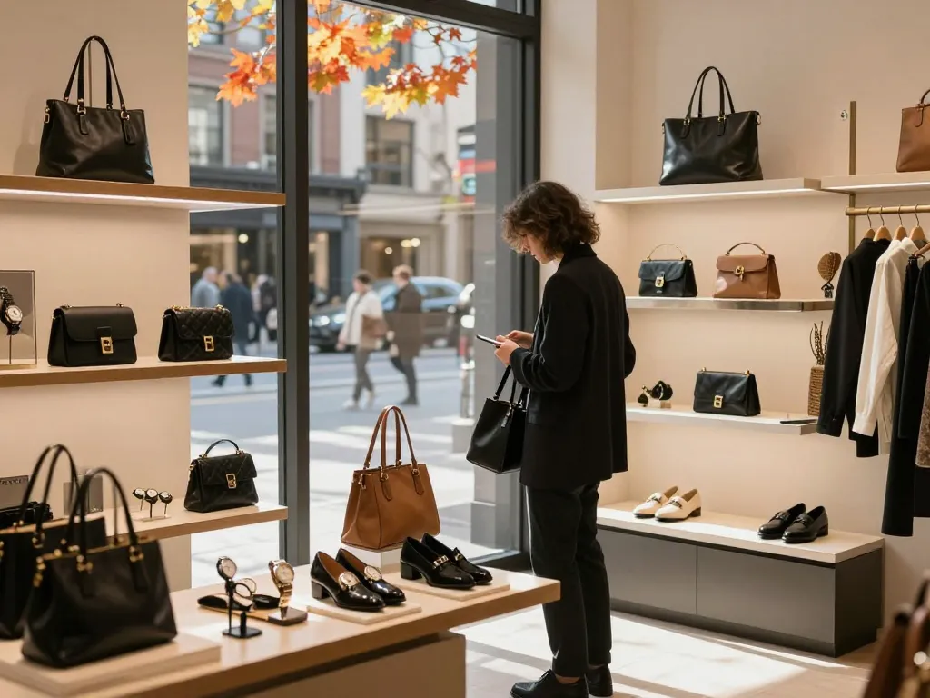 Engaging shopping experience at a luxurious 레플리카 사이트 with stylish accessories amidst a vibrant urban backdrop.