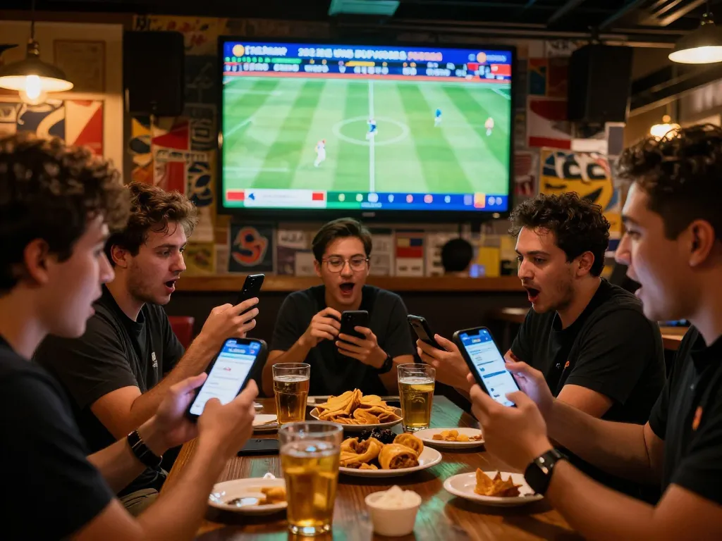Experience the thrill of situs parlay betting as friends cheer for their favorite teams in a lively sports bar