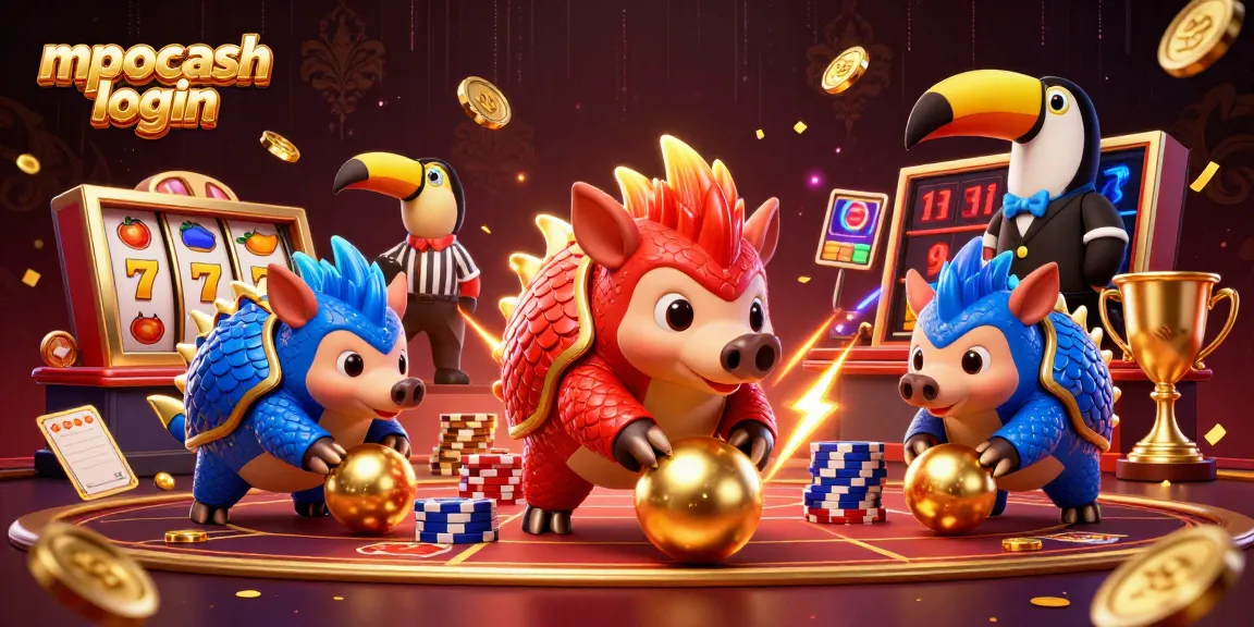 Play exciting games at mpocash login with colorful 3D pangolins rolling through poker chips and slot reels.