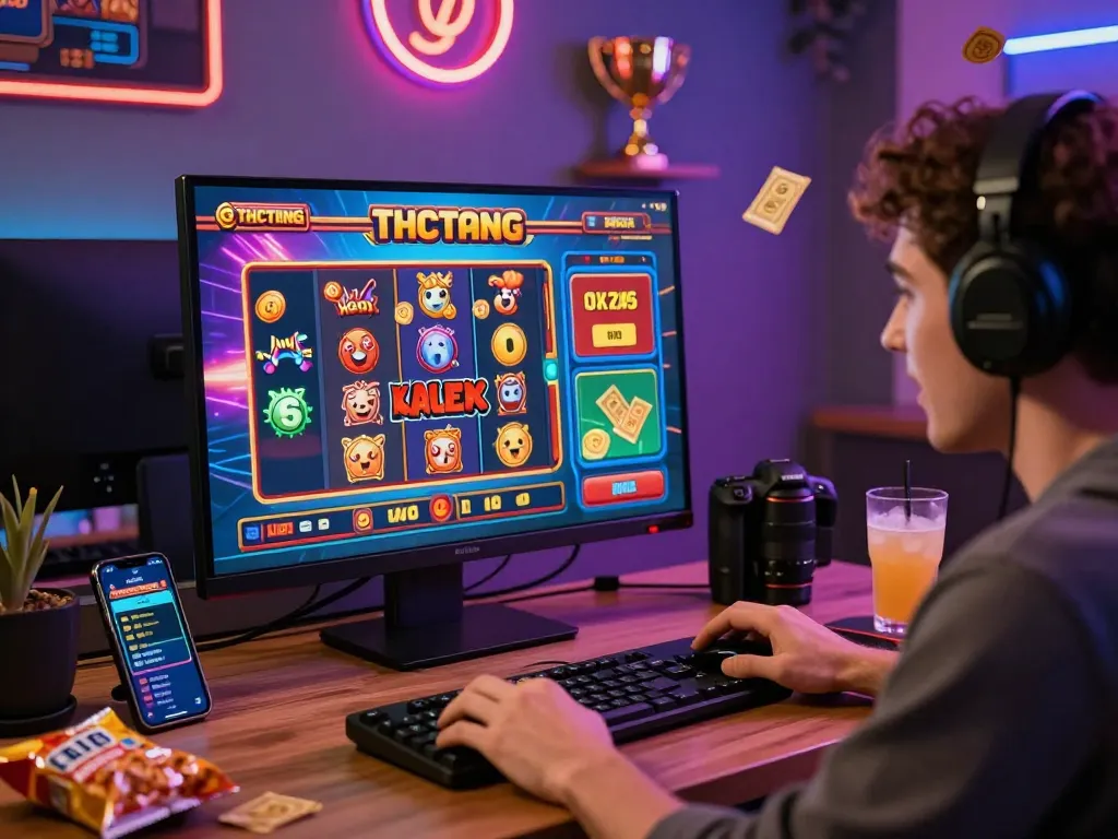 Player enjoying vibrant online gambling on https://bankssg.com/banking-news, surrounded by slot game graphics and lottery elements.