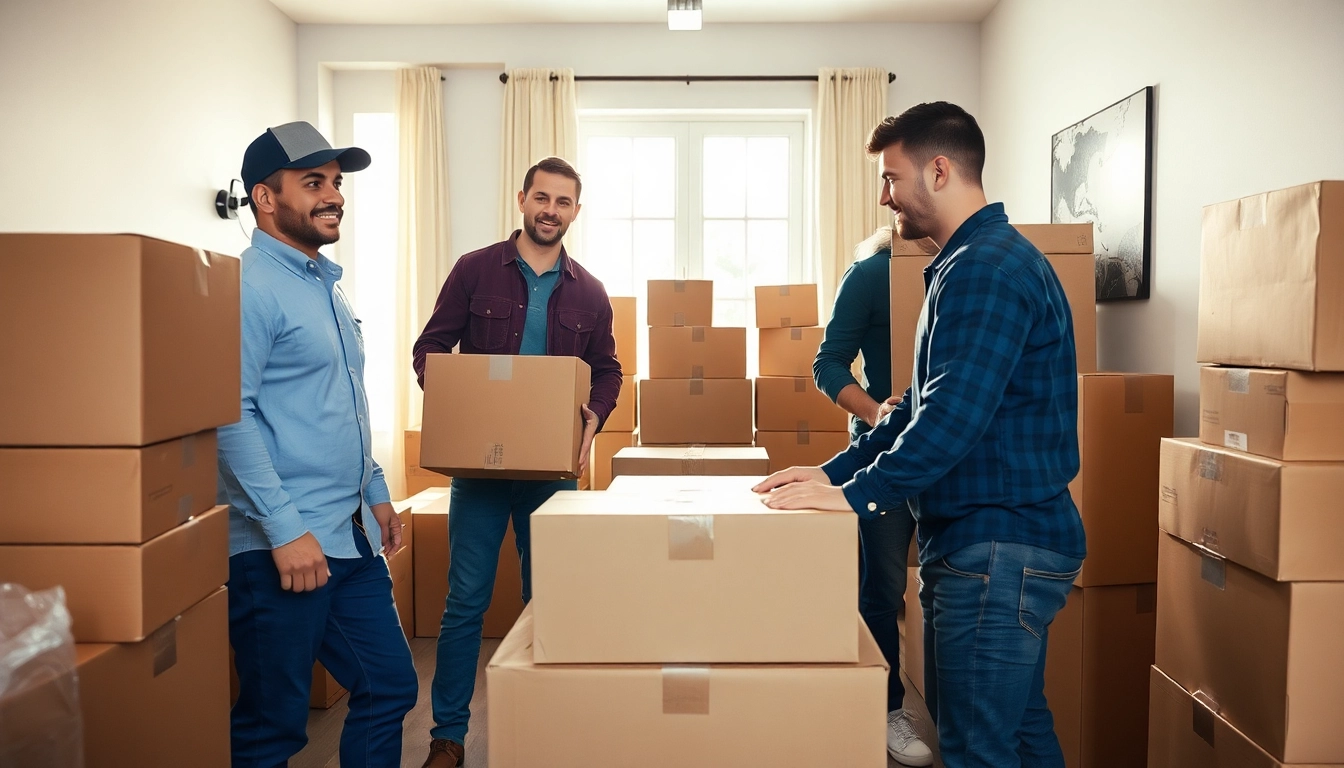 Movers in action with packed boxes showcasing moving companies calgary services in a bright, engaging environment.