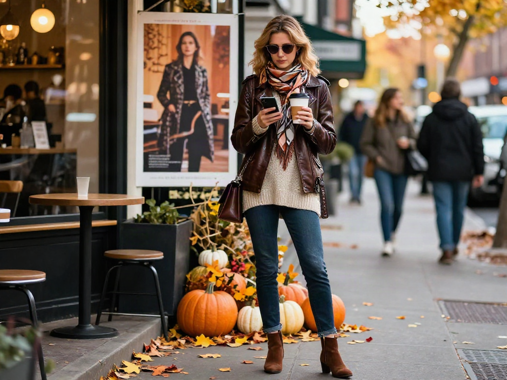 Stylish woman in leather jackets for women enjoying coffee in urban setting
