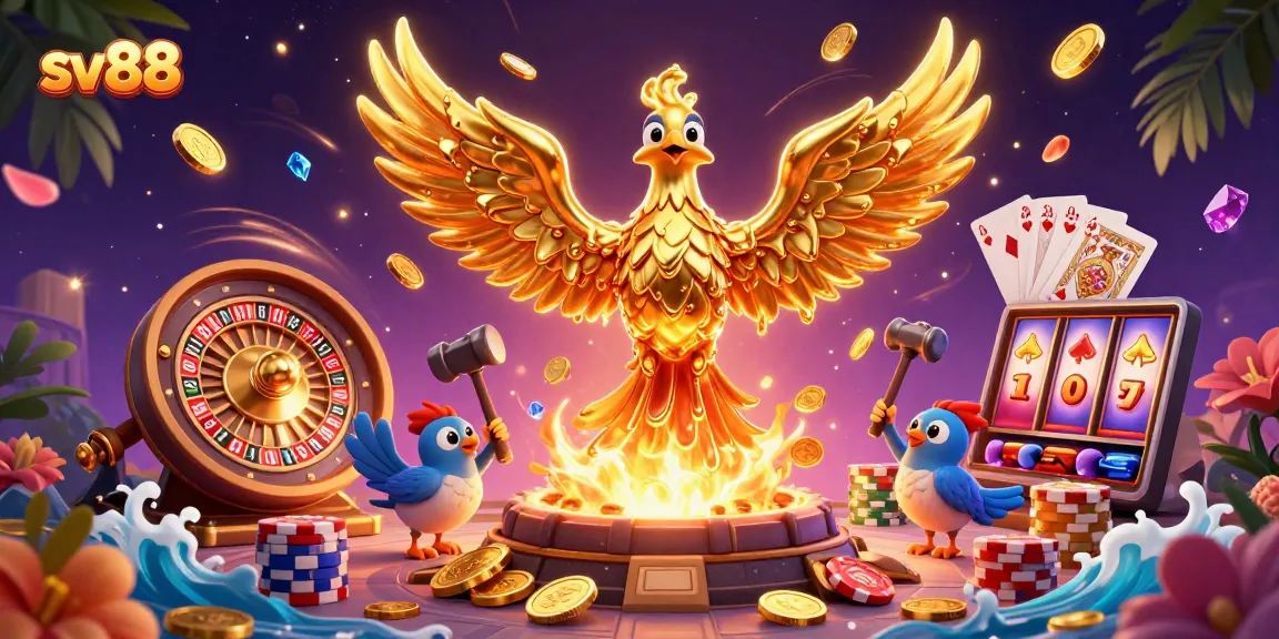Experience thrilling wins at sv88 with a golden phoenix amidst cascading coins and vibrant casino elements.
