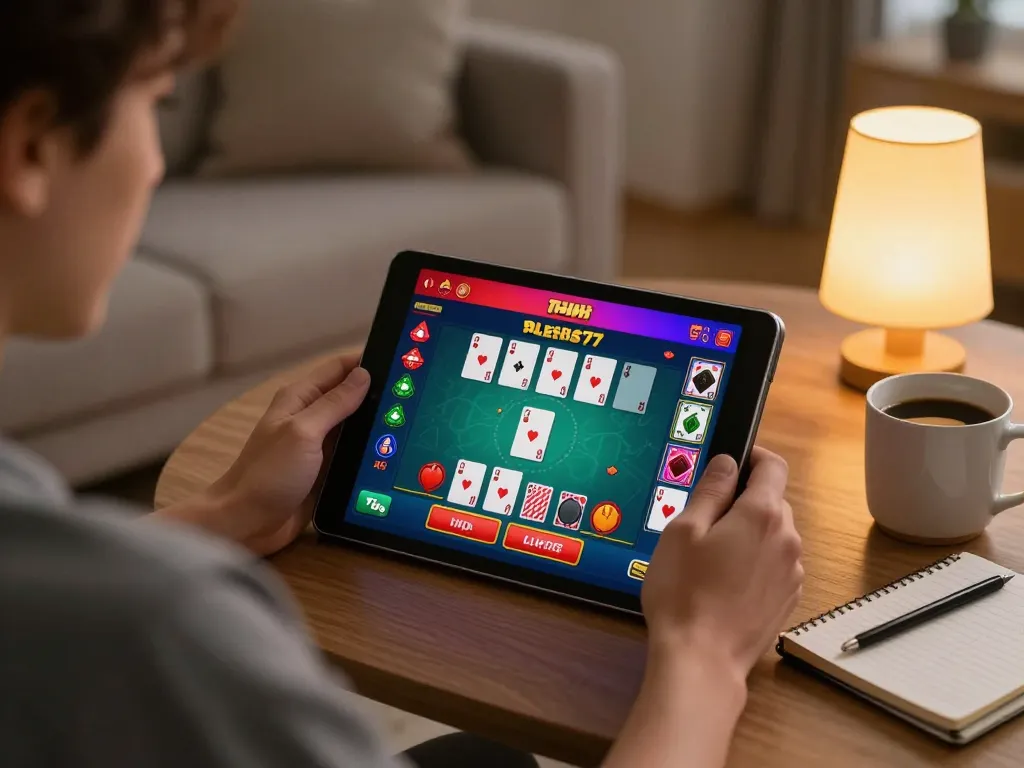 Engaging with alexis77 online casino game on tablet in a cozy living room with strategy notes.