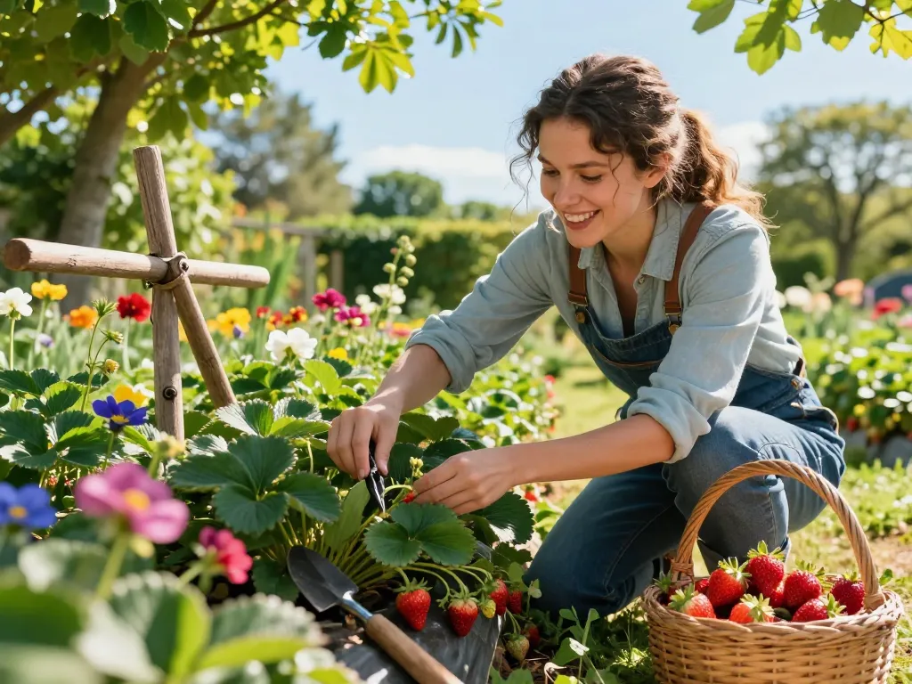 Gardener joyfully inspecting aardbeienplanten kopen in a blooming garden.