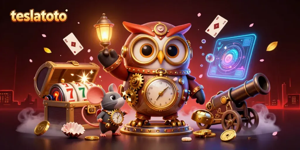 Engage with teslatoto's vibrant adventure featuring a time-traveling owl amidst dazzling casino elements.