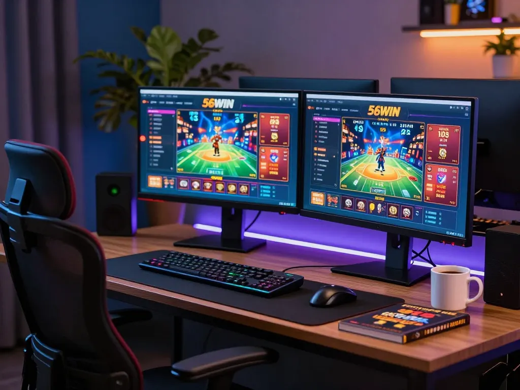 Engaging with 56WIN online casino games on a stylish dual-monitor setup.