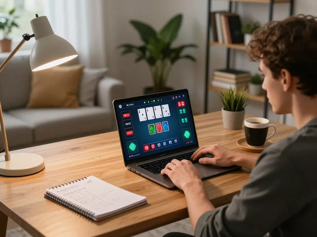 Player engaging in online poker at home with 98win visible on screen, showcasing strategic gameplay and cozy atmosphere