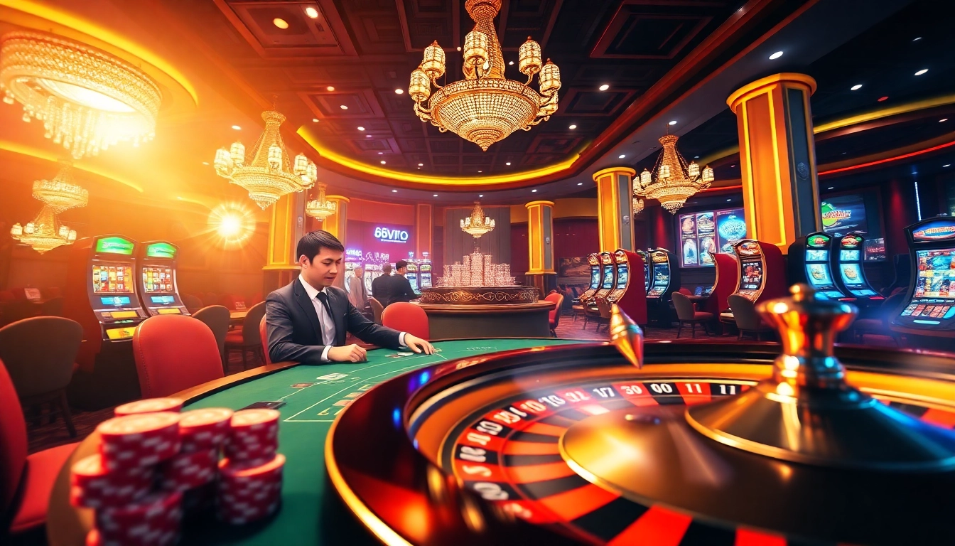 Exciting gaming scene at https://68vip.co/ featuring poker tables and vibrant slot machines.