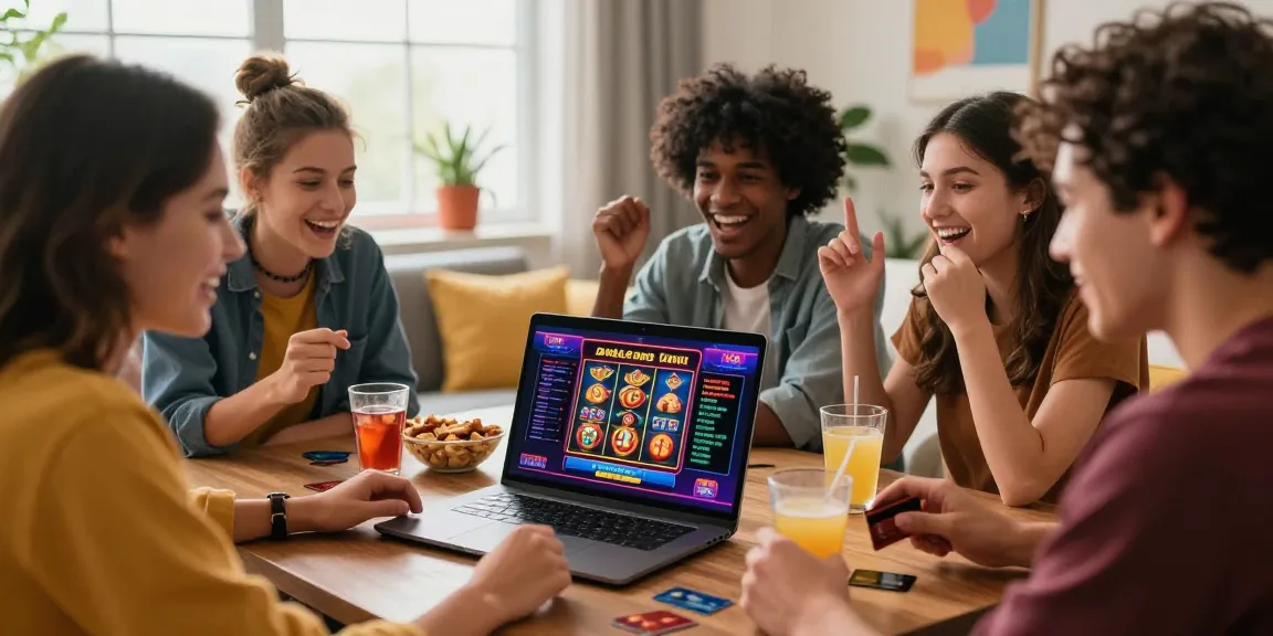 Friends exploring credit card casinos on a laptop in a cozy living room, showcasing excitement in online gambling.