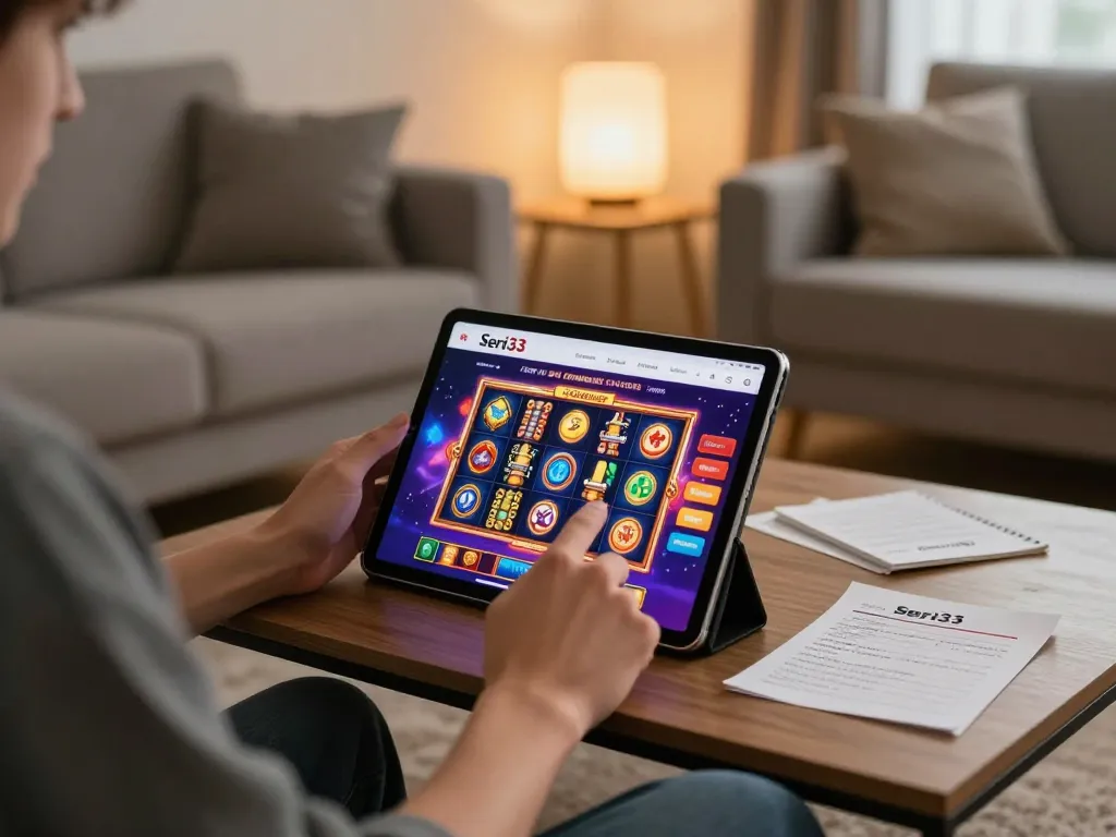 Engaging in free credit slot Malaysia gaming at home on Seri33 with a tablet.