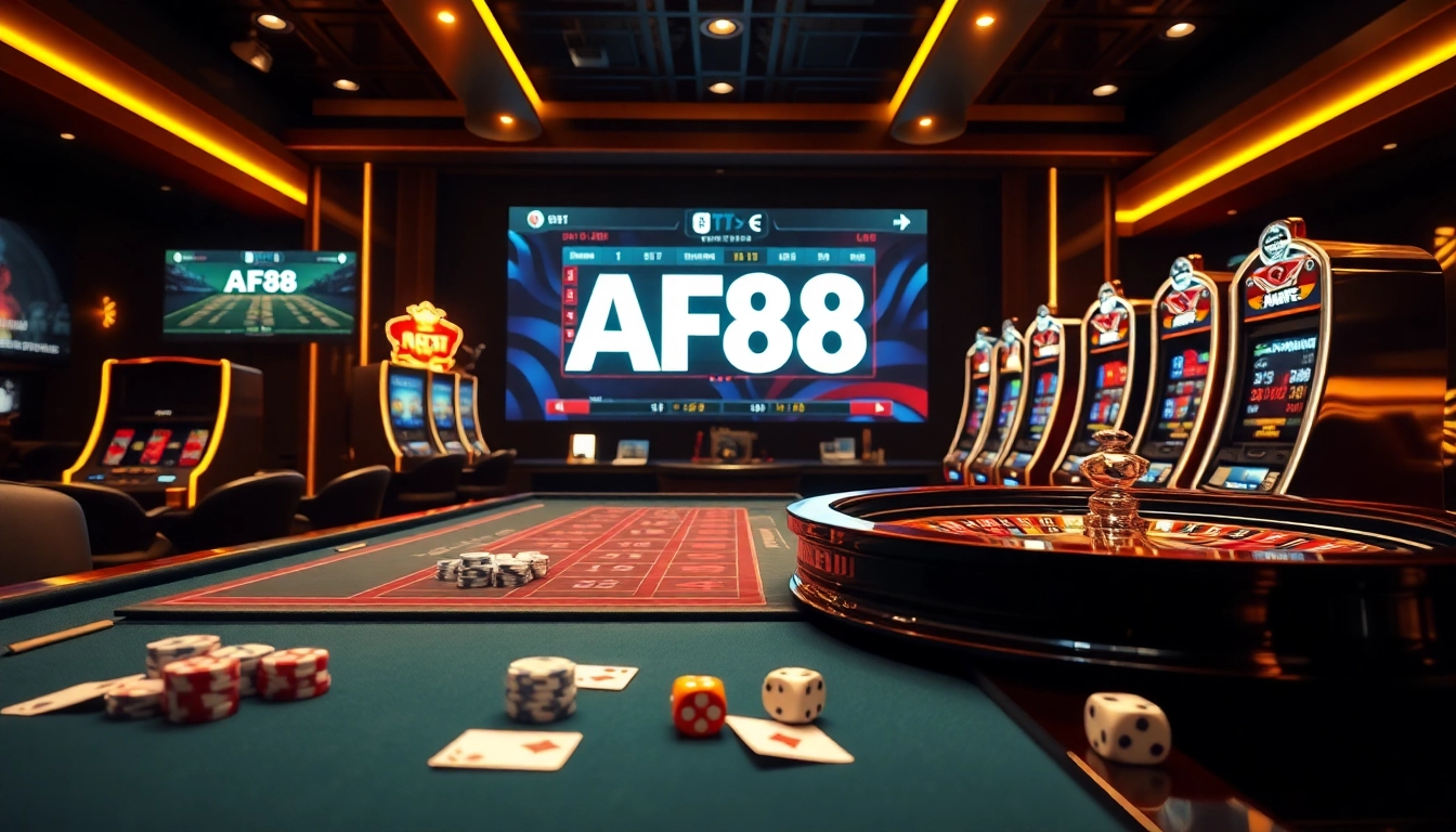 Experience the excitement of AF88 with vibrant casino visuals showcasing gaming tables and slot machines.