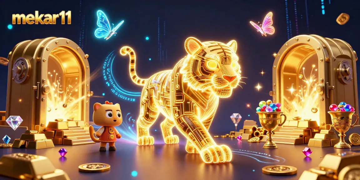 Mekar11 showcases a vibrant digital casino scene with a golden tiger, jackpot elements, and dazzling treasures.