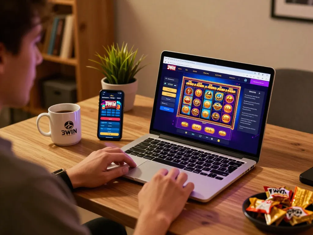 Player engaging on 3Win online casino platform, vibrant gaming atmosphere.