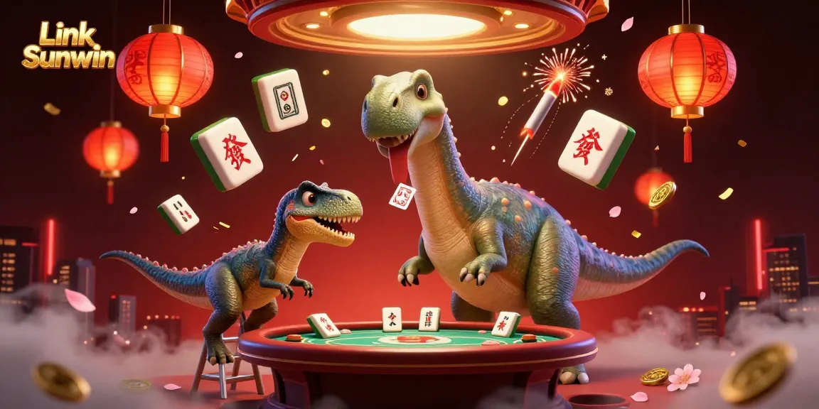 Engage with "Link Sunwin" as the brontosaurus towers over a casino scene, delivering an exciting gaming atmosphere.