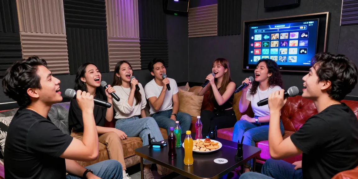 강남가라오케에서 즐거운 노래를 부르는 친구들, 세련된 환경과 다채로운 조명으로 분위기를 돋우는 장면
