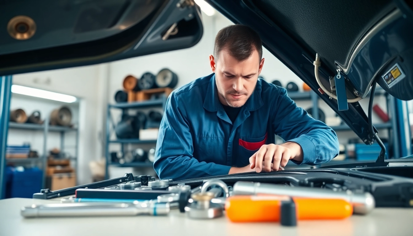 Illustration of vehicle service contract with a mechanic working on a car's engine.