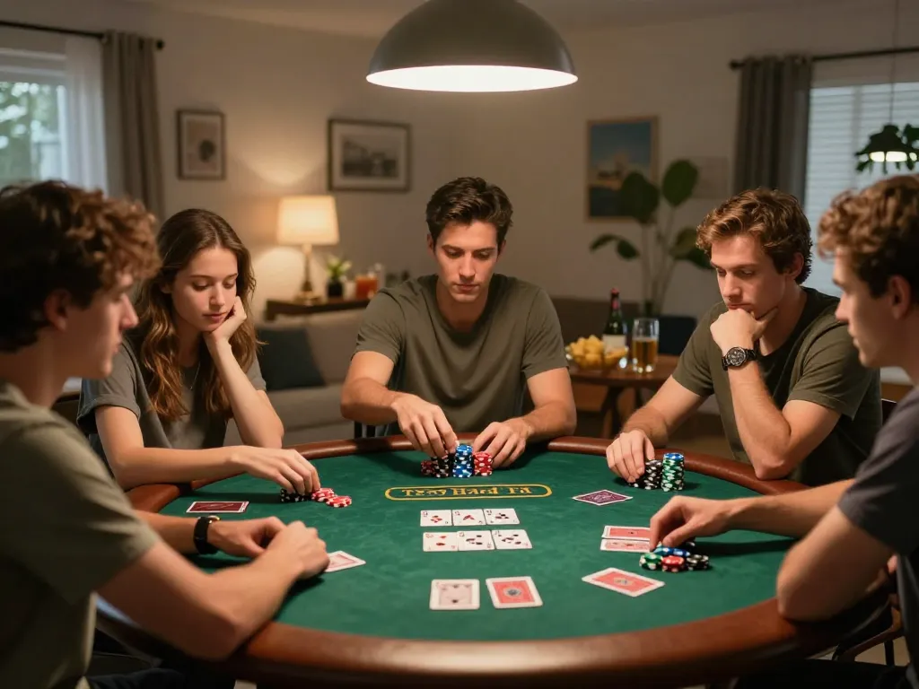 Friends enjoying a poker game at home, highlighting strategic gameplay and the excitement of 98win.