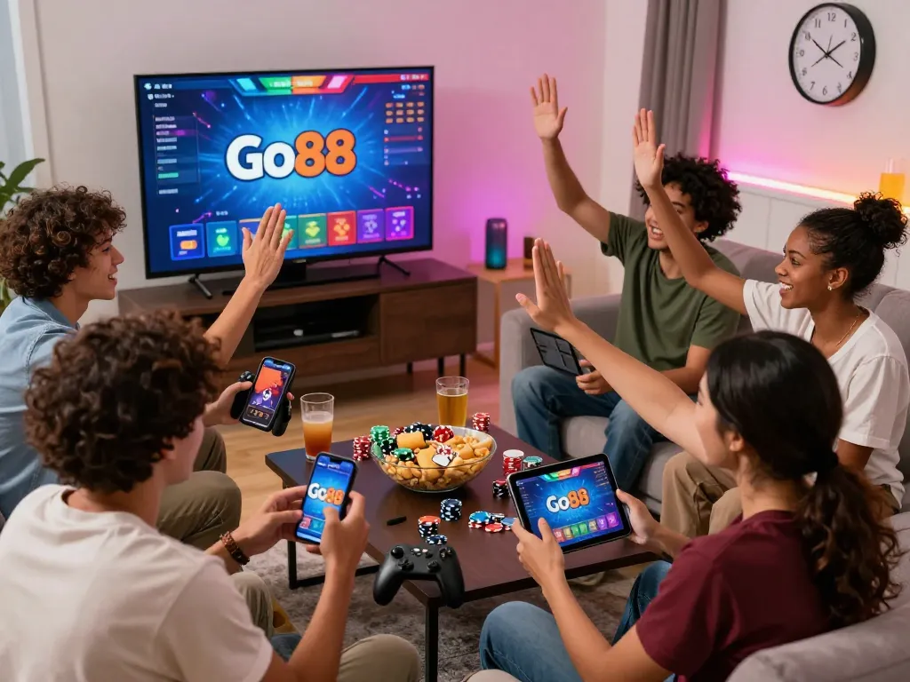 Players enjoying Go88 online gaming platform in a lively and cozy setting.
