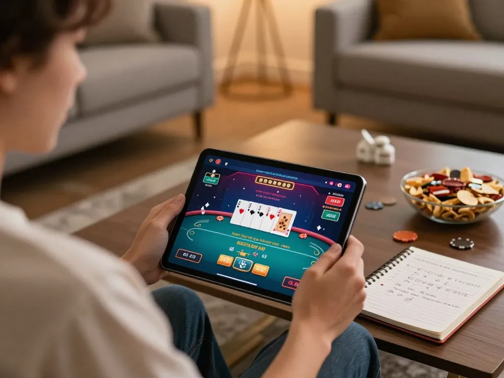 A player engaging in online casino gaming at home with Nhà cái 79king interface visible on the tablet.