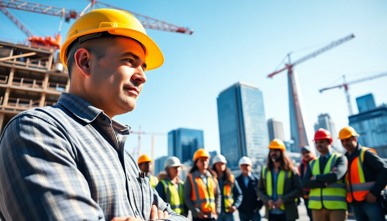 New York City Construction Manager consulting with a team at a dynamic construction site.