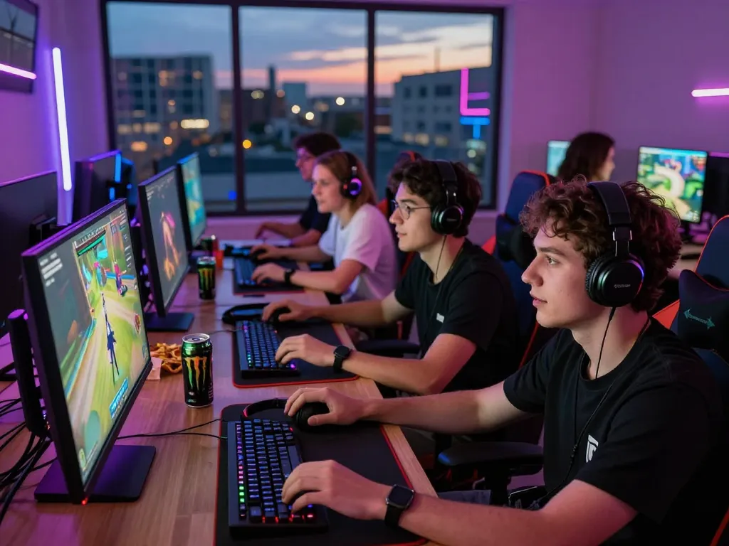 Friends enjoying ligasedayu gaming night on colorful setup with snacks and excitement.