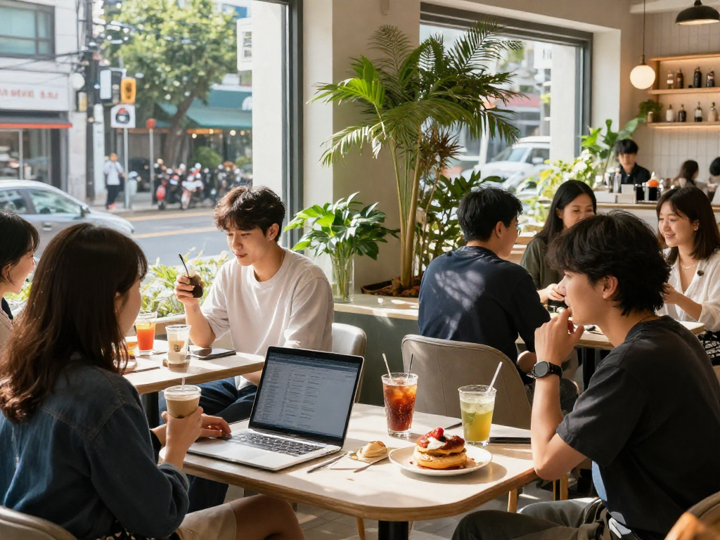 강남쩜오 멀리건에서 즐거운 시간을 보내는 친구들, 멋진 분위기와 따뜻한 햇살이 어우러진 카페 모습.