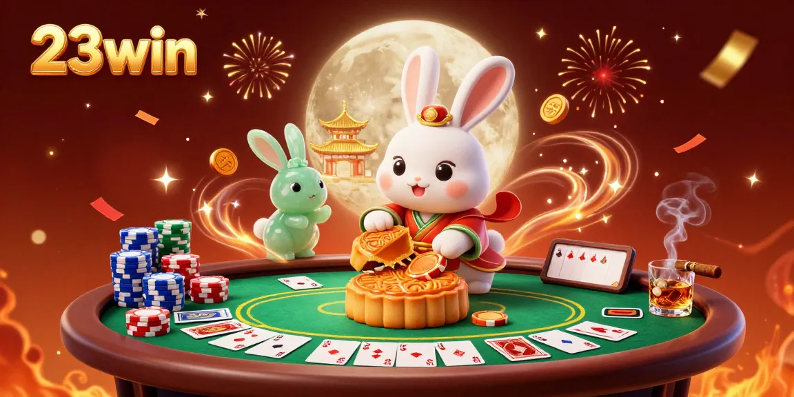 Experience thrilling games at 23win with a joyful moon rabbit illustration, showcasing rich casino elements.