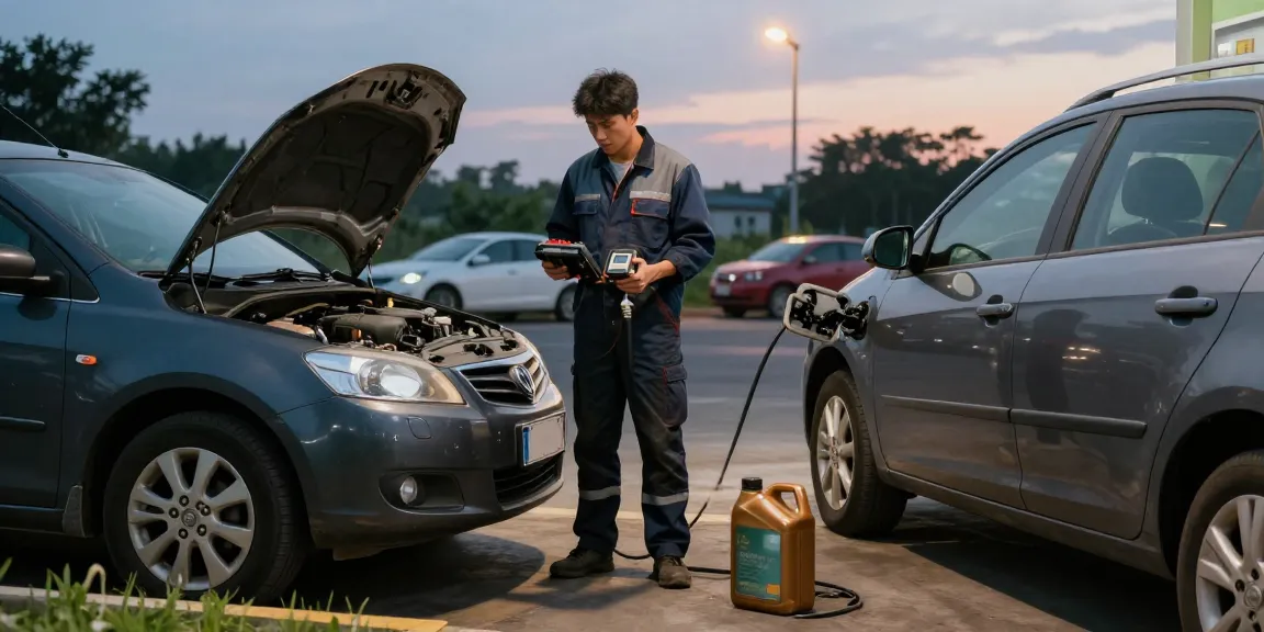Technician providing support for diesel in petrol car at a gas station.