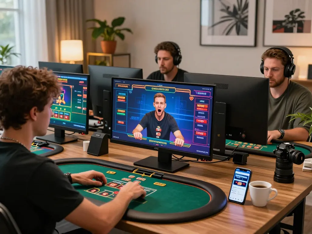 Go8 player engaged in online poker game, strategic decisions visible on multiple screens, home gaming setup