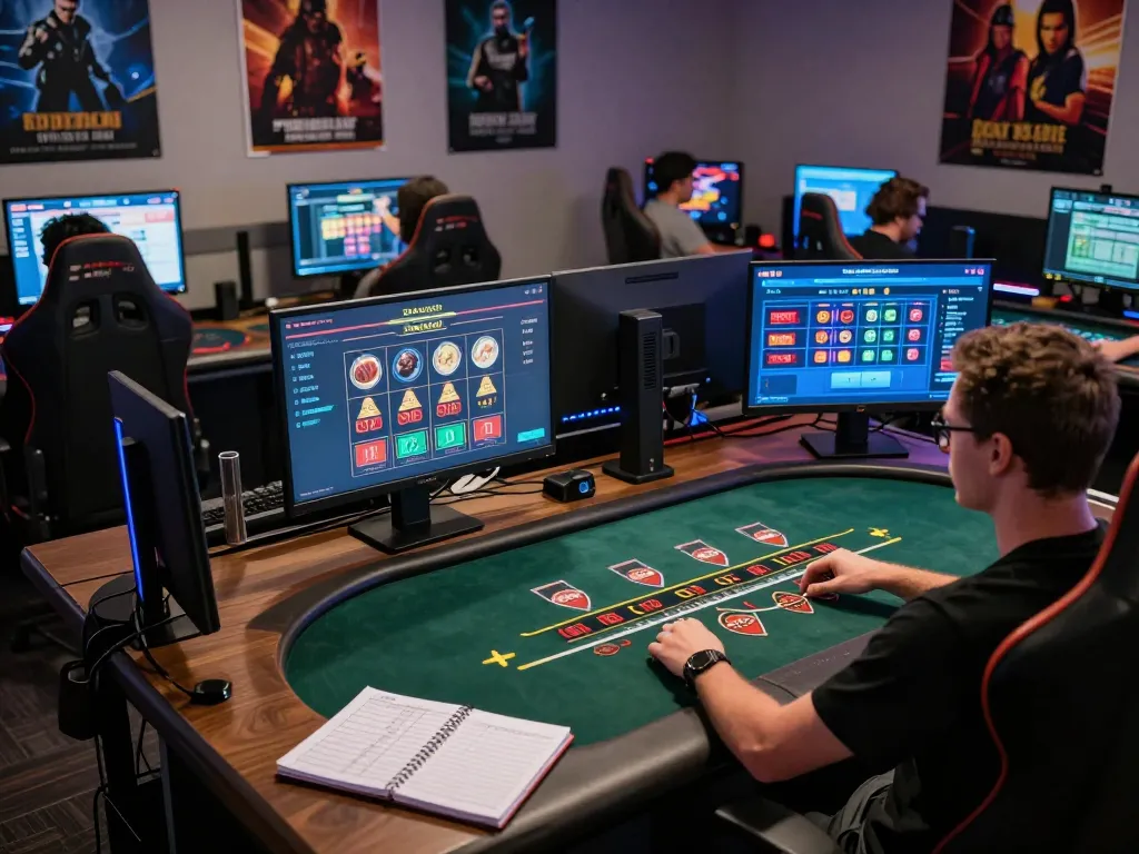 Players mastering blackjack strategies using 12play app on multiple screens in a modern gaming setup.