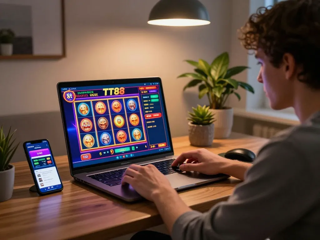 Player engaged in thrilling TT88 online gaming on laptop while using smartphone for live betting.