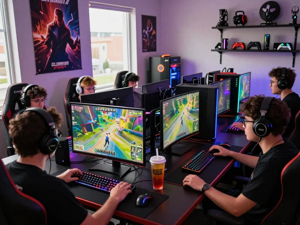 Players engaged in thrilling multiplayer games at ligasedayu.com with vibrant setups, showcasing modern gaming culture.
