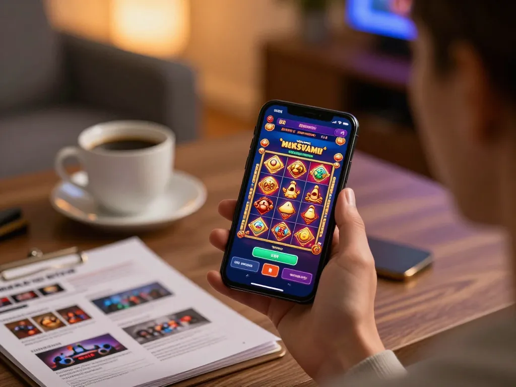 Engaging in online casino gaming on https://rr88.center/ with a smartphone, showcasing vibrant game interface and cozy ambiance.