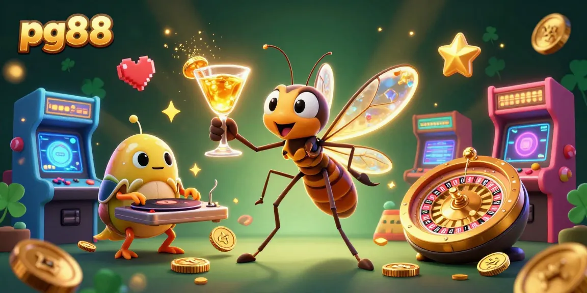 Experience exciting gameplay at pg88 with a lively illustration featuring casino-themed characters and elements.