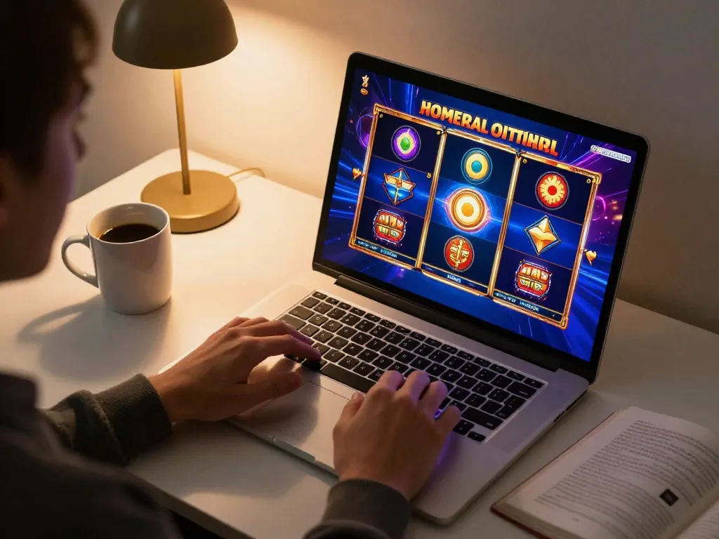 FB88 player engaging with exciting slot game on laptop in a warm home setup