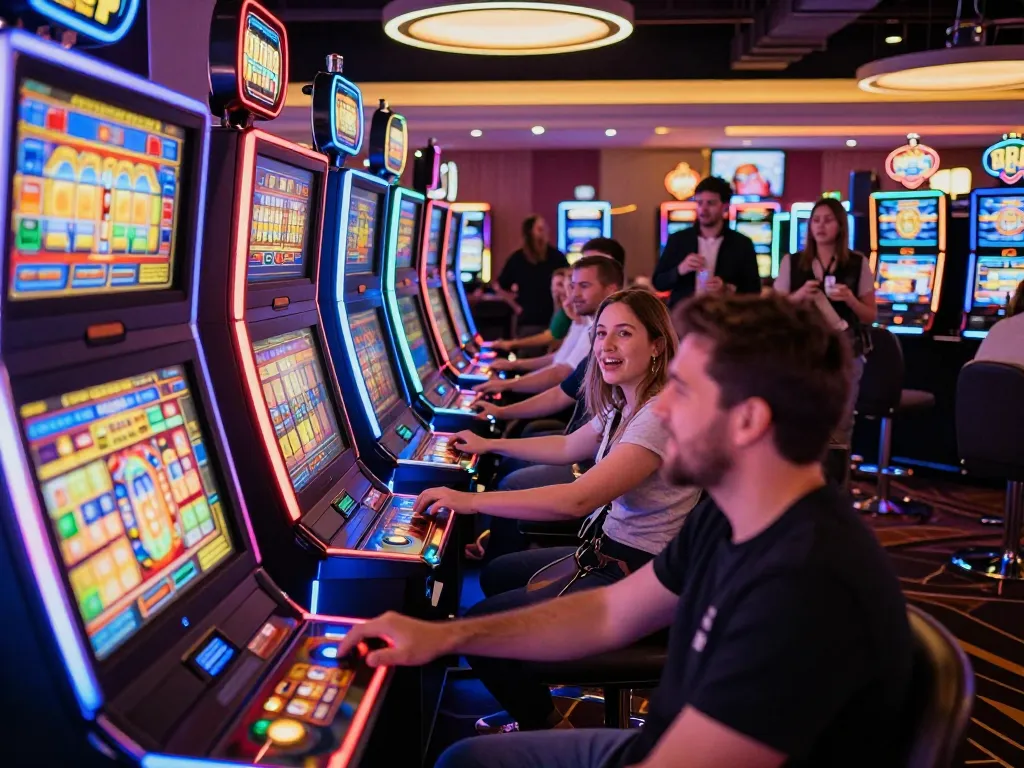 Players engaging with slot77 machines, enjoying vibrant casino atmosphere with spinning reels