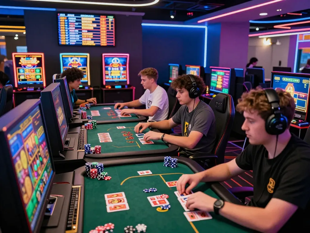 Players enjoying exciting casino games at 23win, showcasing vibrant gaming elements and an energetic atmosphere.