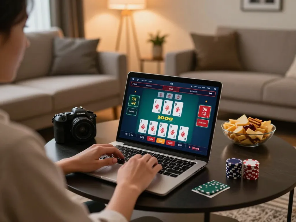 House setting with a player engaged in live blackjack; responsible gambling at Nhà cái TIP88.
