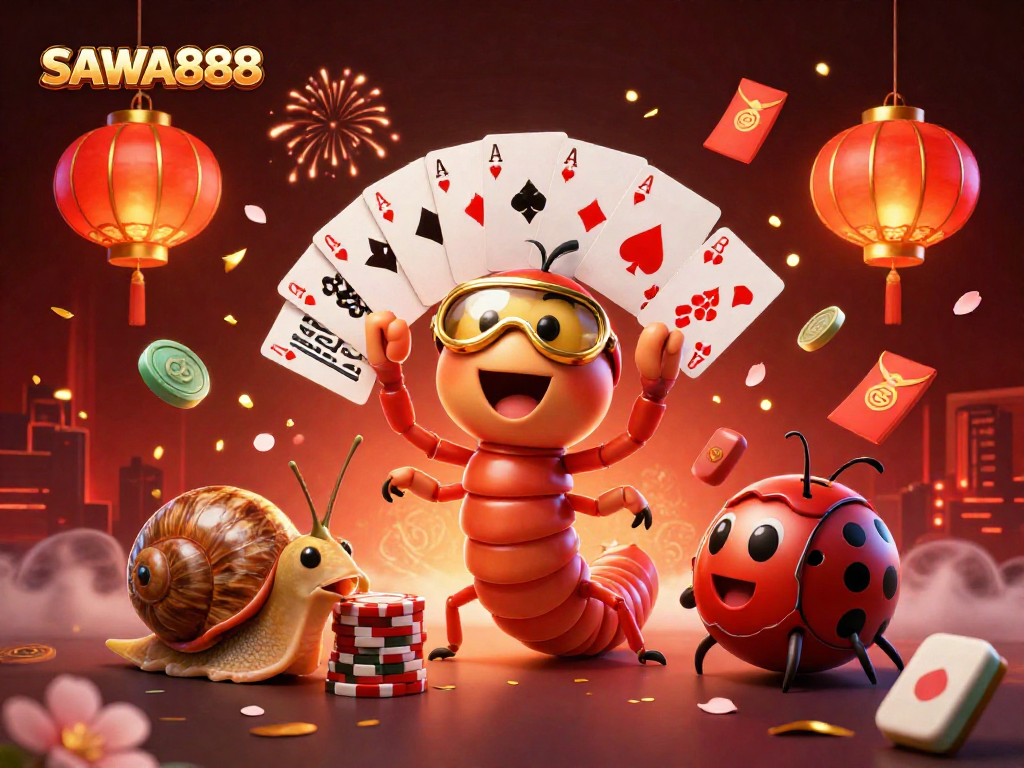 Experience the excitement of SAWA888 with a vibrant scene featuring unique casino characters and elements.
