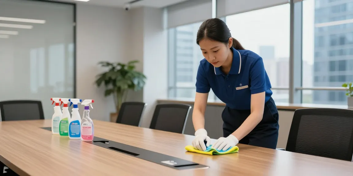Professionelle Unterhaltsreinigung in einem modernen Büro mit umweltfreundlichen Reinigungsmitteln.