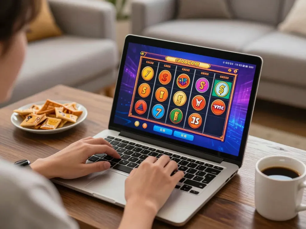 Player enjoying slot gacor games on a laptop, surrounded by a cozy home atmosphere and snacks.