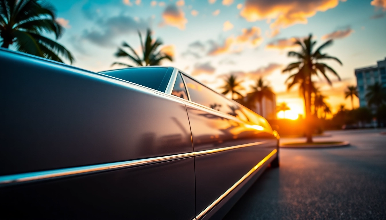 Limo company Miami luxury limousine parked against a stunning Miami sunset backdrop.