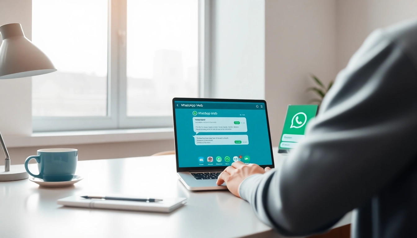 Engaged user accessing WhatsApp Web on a laptop in a bright workspace.