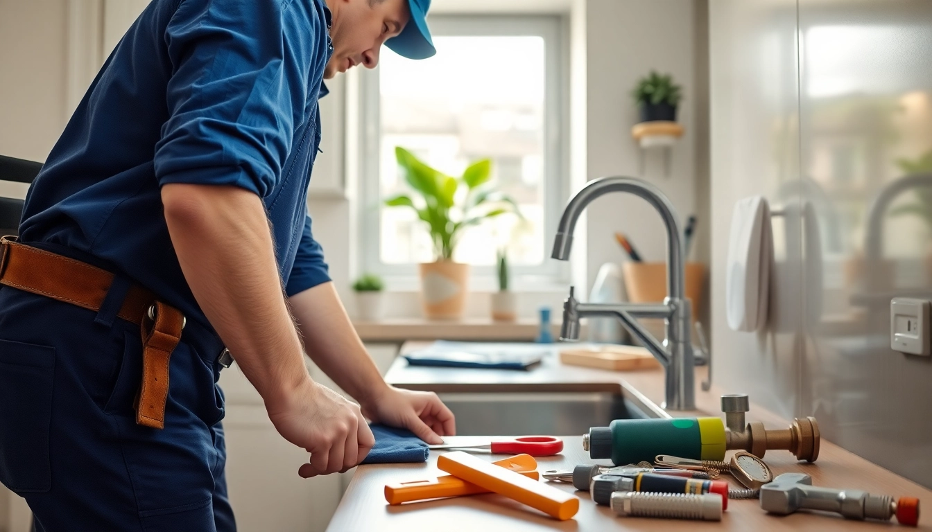 Plumber near me fixing a sink in a bright, modern kitchen.