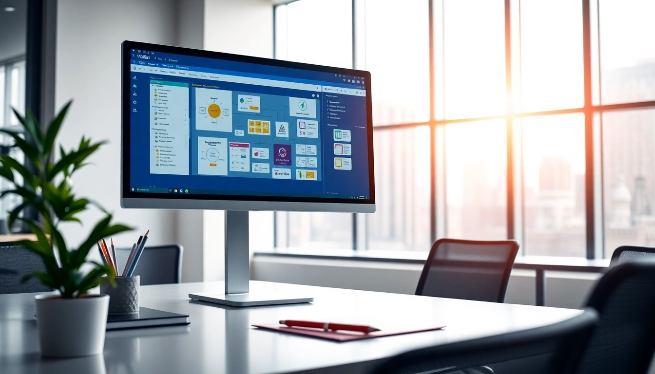 Visual representation of Vislio software in a professional office setting, showcasing diagram tools.