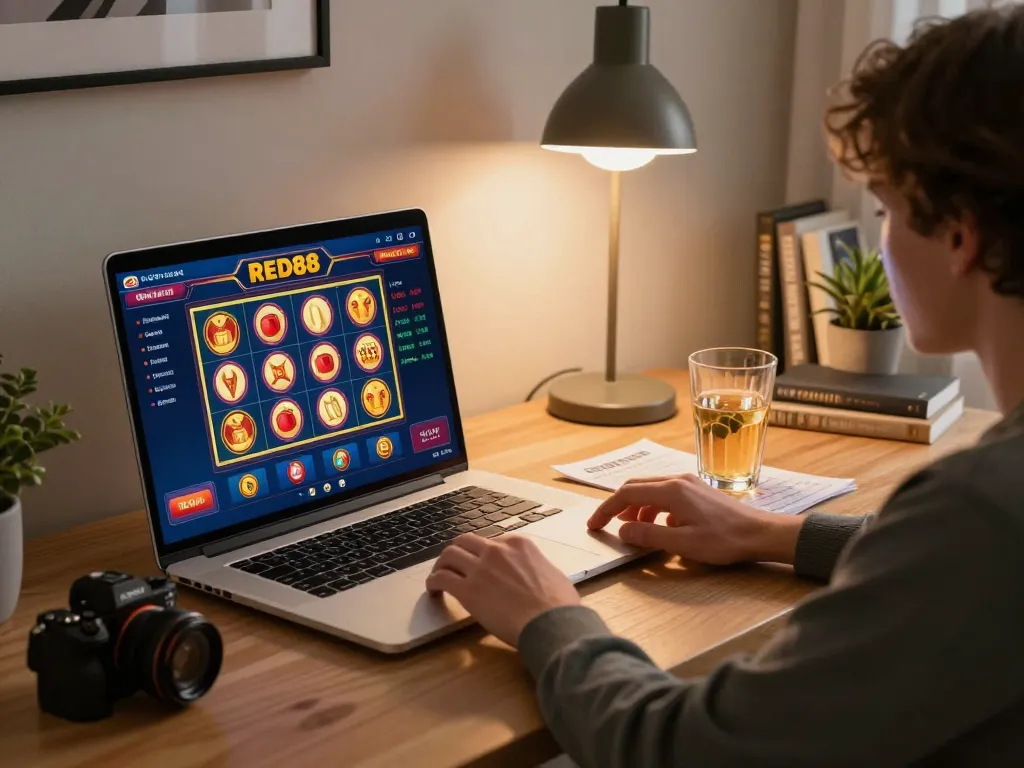 Engaging in online gaming with the RED88 casino interface, showcasing colorful slot game action at a stylish desk.