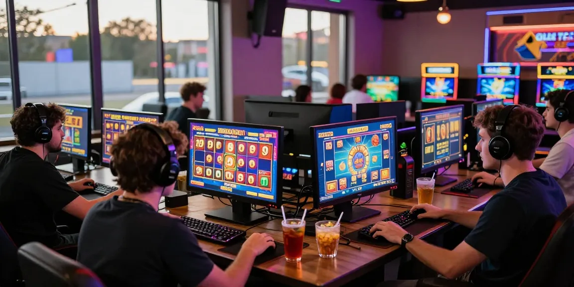 Engaging slot gaming scene with diverse players enjoying colorful game graphics and a vibrant atmosphere.
