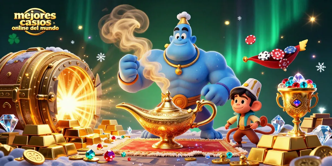 Ilustración 3D de los mejores casinos online del mundo con un genio y monedas brillantes.
