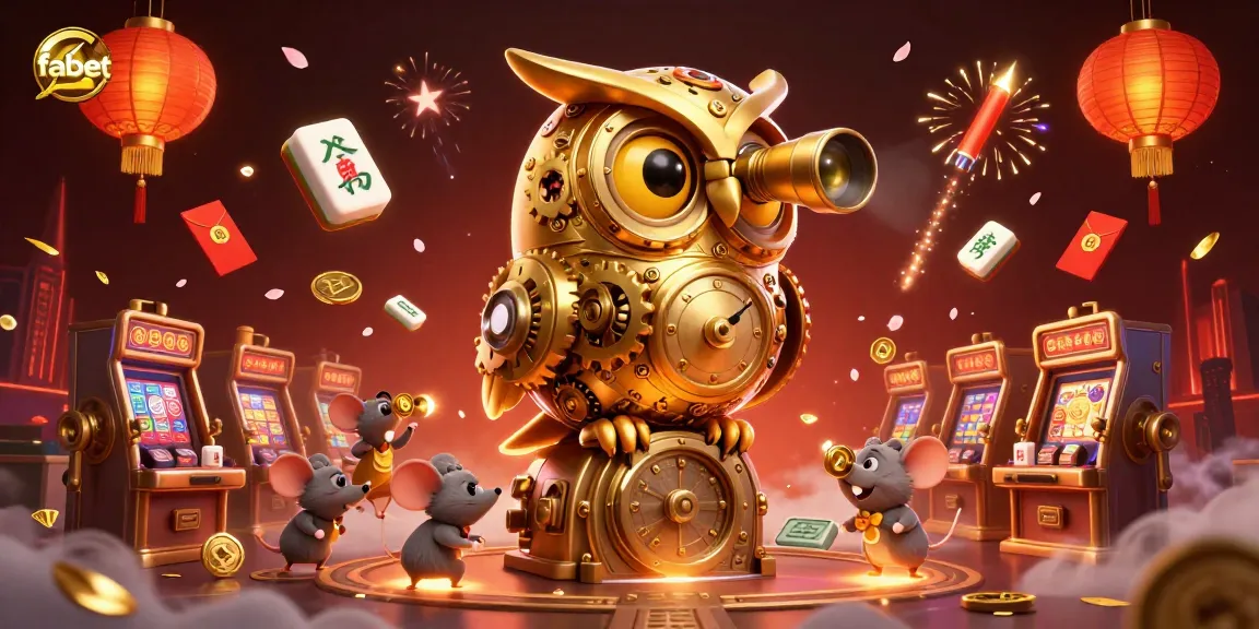 Fabet showcases a vibrant 3D casino scene with a detailed golden owl and dynamic gaming elements.